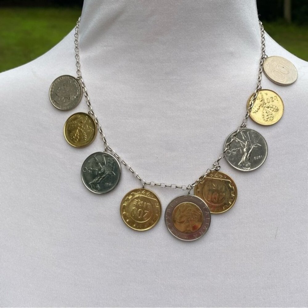 NECKLACE CHAIN STERLING SILVER 925 ITALY 9 COINS ITALIAN LIRA TRAVEL 17..5”